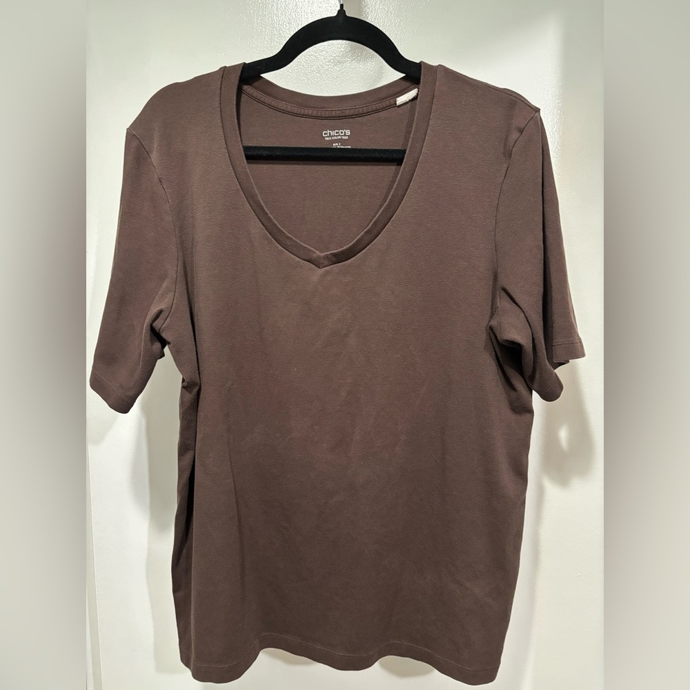 Chico's Chocolate Brown V-Neck Short Sleeve Tee Size 3